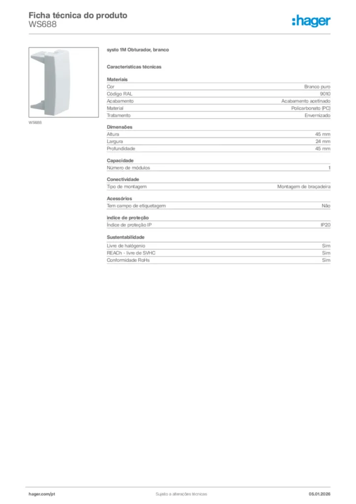 Imagem Hager Ficha técnica do produto WS688 | Hager Portugal