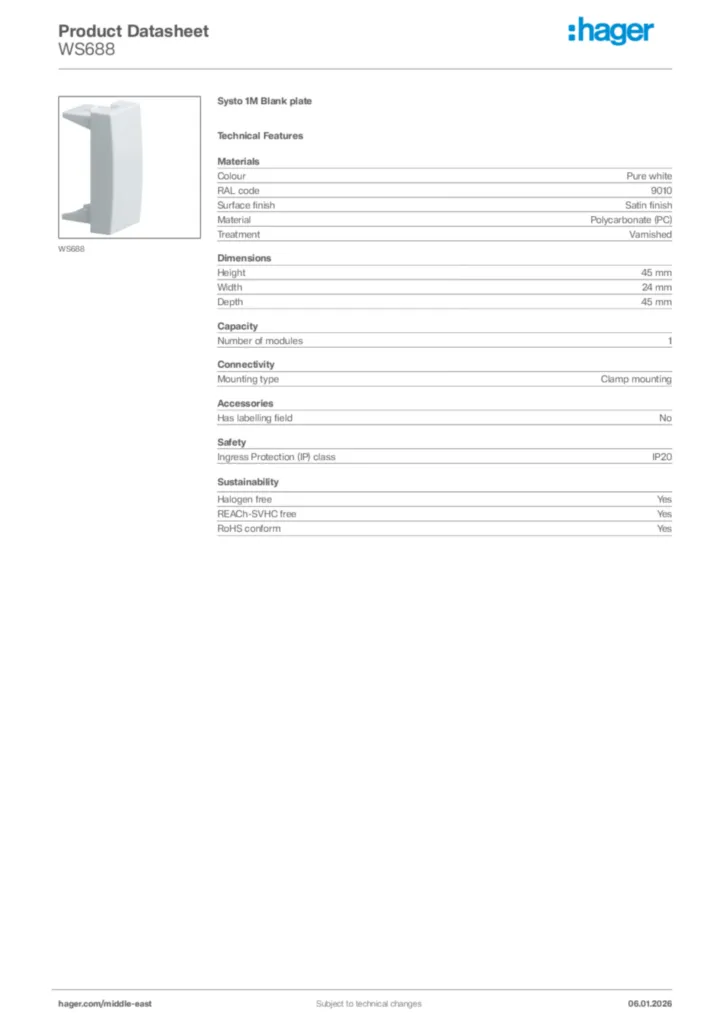 Image Hager Product data sheet WS688  | Hager