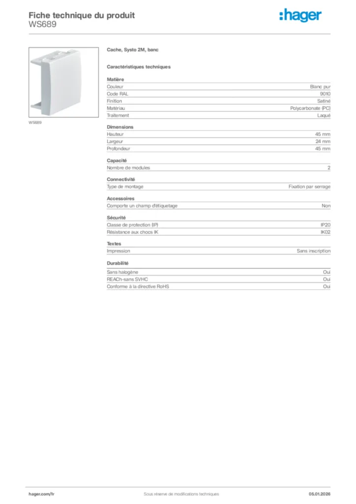 Image Hager Fiche technique du produit WS689 | Hager France