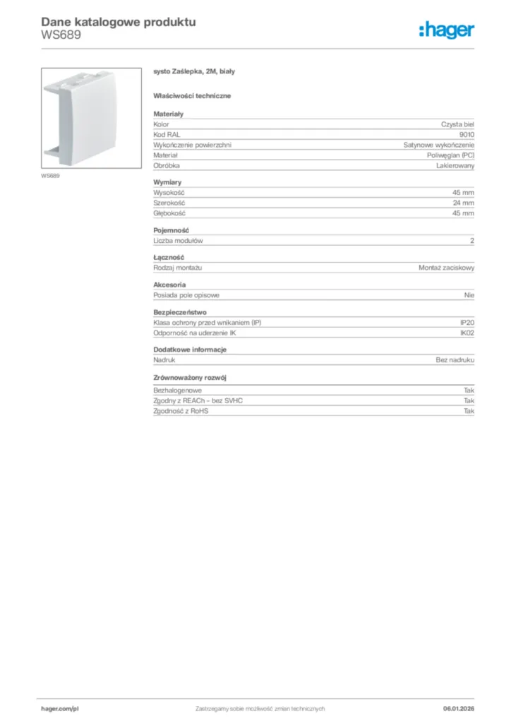 Zdjęcie Hager Karta katalogowa WS689 | Hager Polska