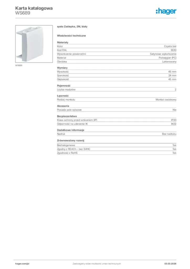 Zdjęcie Hager Karta katalogowa WS689 | Hager Polska
