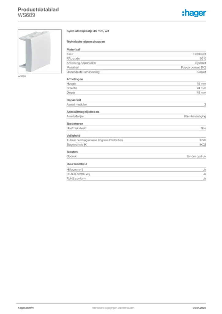 Afbeelding Hager Productdatablad WS689 | Hager Nederland