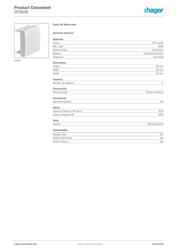 Image Hager Product data sheet WS689  | Hager