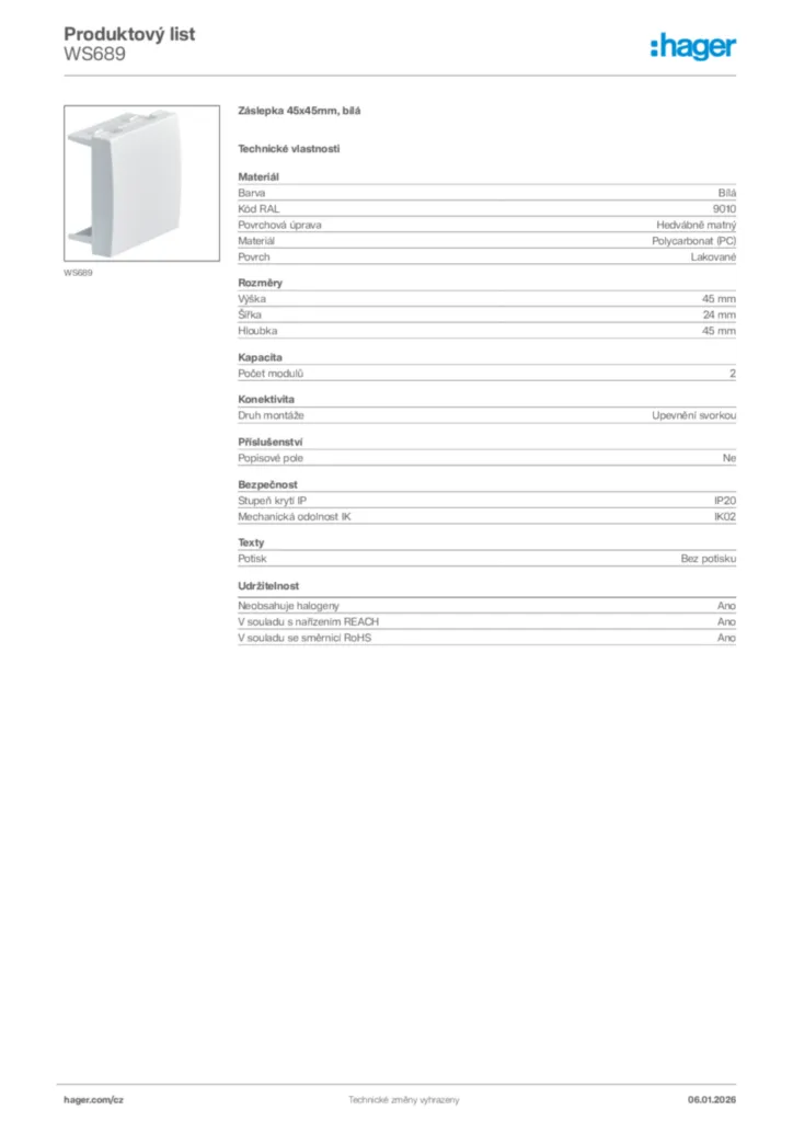 Obrázek Hager Product data sheet WS689 | Hager