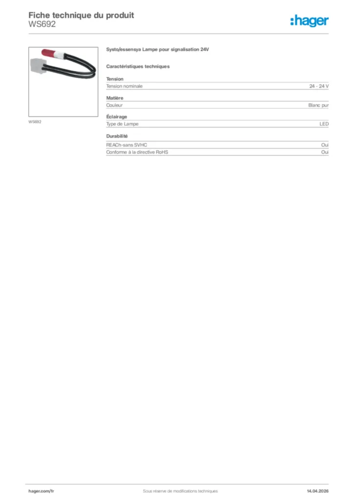 Image Hager Fiche technique du produit WS692 | Hager France