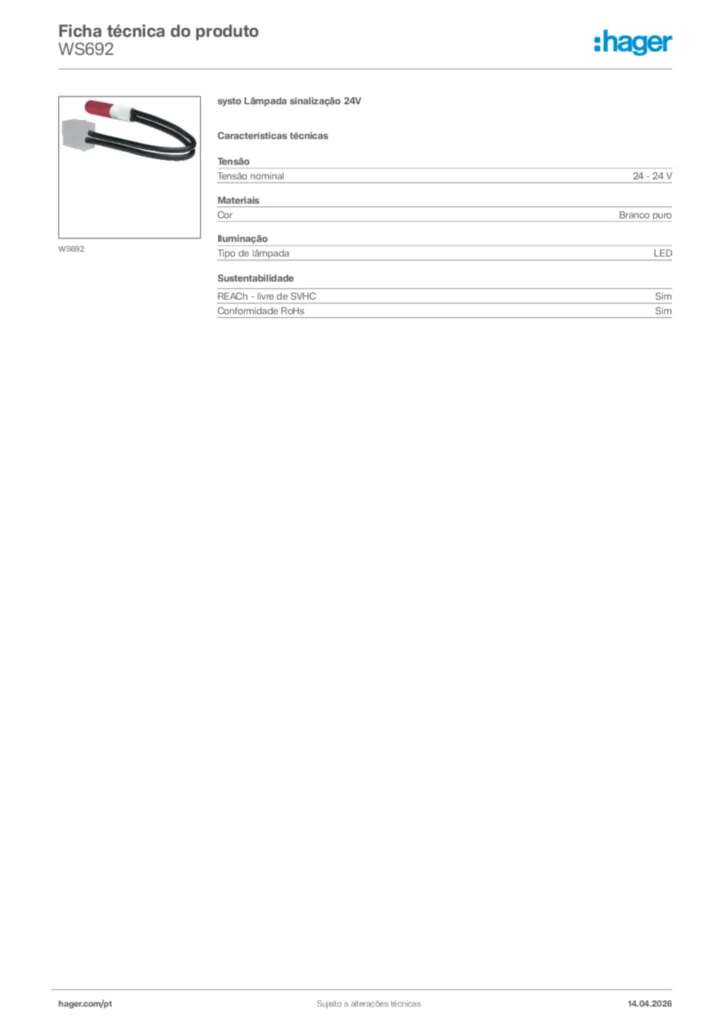 Imagem Hager Ficha técnica do produto WS692 | Hager Portugal