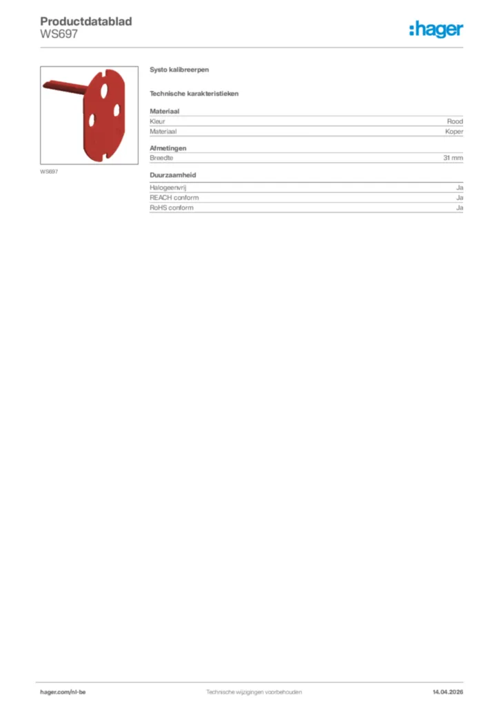Afbeelding Hager Productdatablad WS697 | Hager Belgium