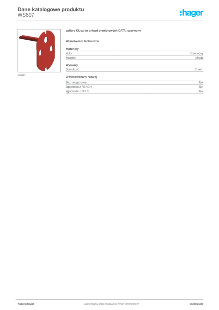 Zdjęcie Hager Dane katalogowe produktu WS697 | Hager Polska