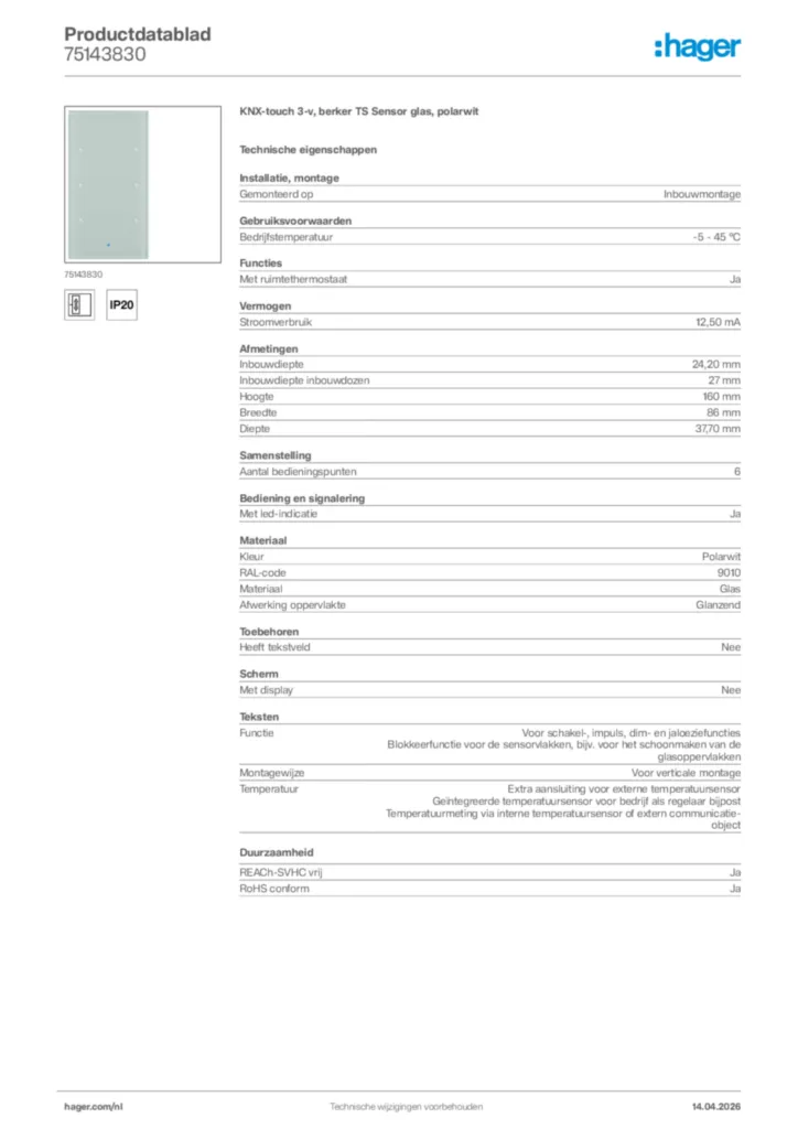 Afbeelding Hager Productdatablad 75143830 | Hager Nederland