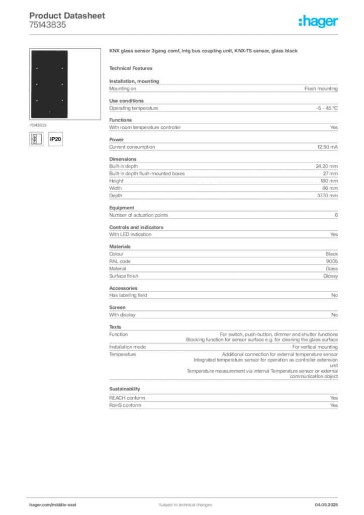 Image Hager Product data sheet 75143835  | Hager