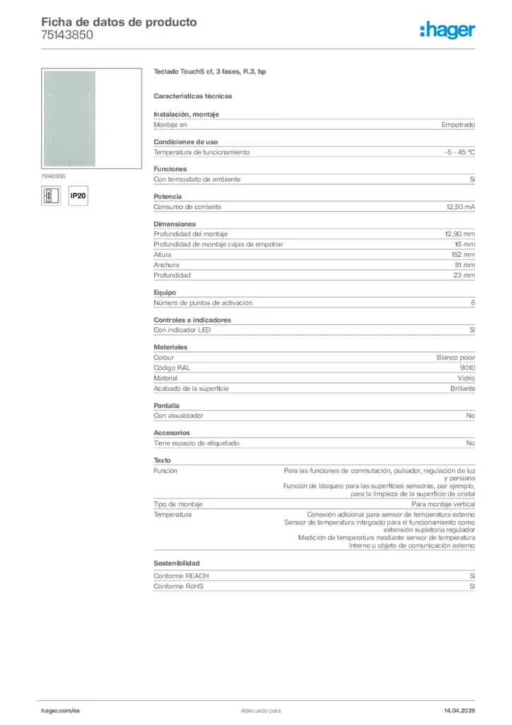 Imagen Hager Ficha de datos de producto 75143850 | Hager España