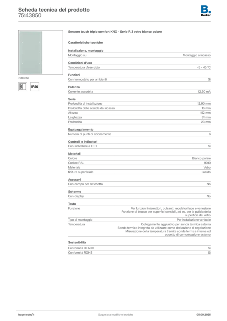Immagine Berker Scheda tecnica del prodotto 75143850 | Hager Italia