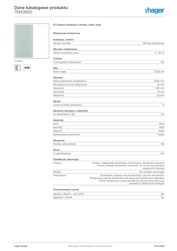 Zdjęcie Hager Karta katalogowa 75143850 | Hager Polska