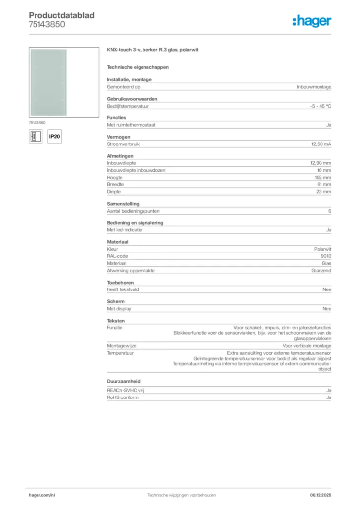 Afbeelding Hager Productdatablad 75143850 | Hager Nederland