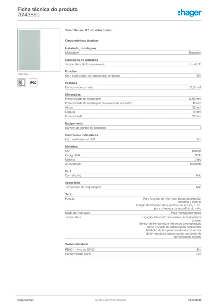 Imagem Hager Ficha técnica do produto 75143850 | Hager Portugal