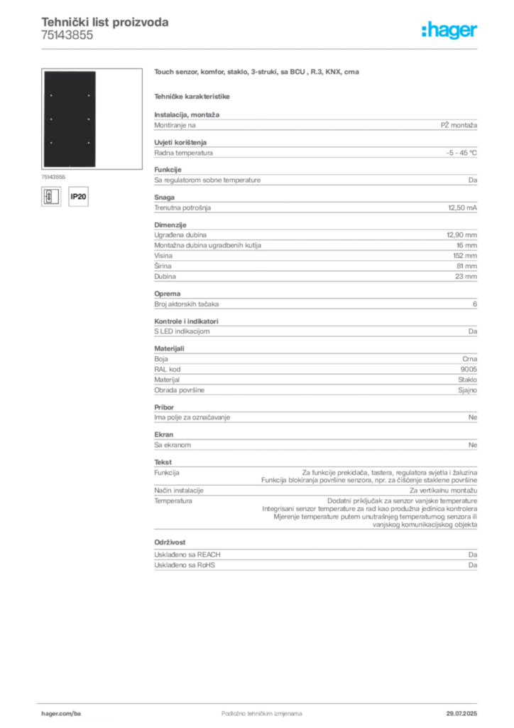Slika Hager Product data sheet 75143855  | Hager