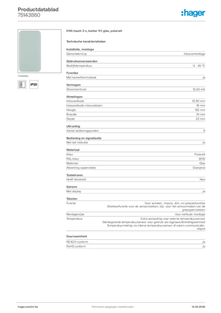 Afbeelding Hager Productdatablad 75143860 | Hager Belgium