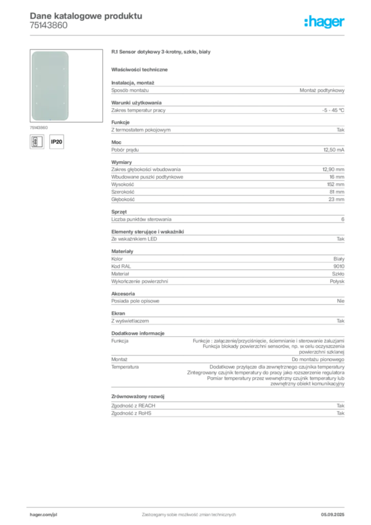 Zdjęcie Hager Dane katalogowe produktu 75143860 | Hager Polska