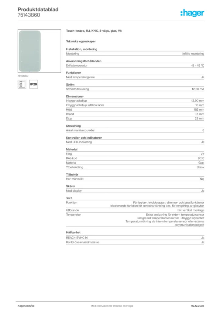 Bild Hager Produktdatablad 75143860 | Hager Sverige