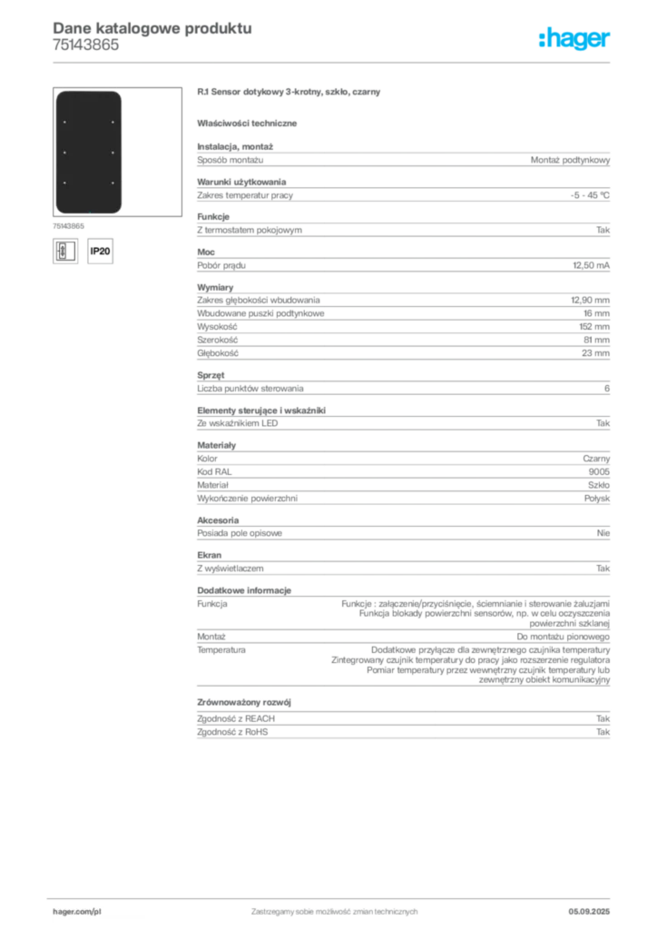 Zdjęcie Hager Dane katalogowe produktu 75143865 | Hager Polska