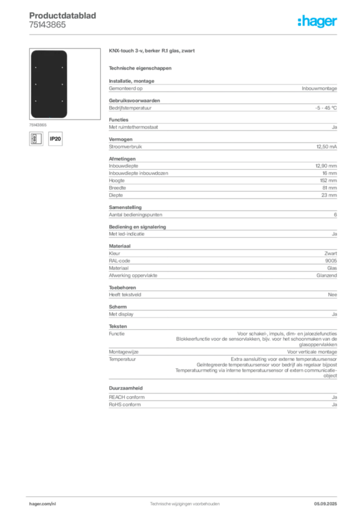 Afbeelding Hager Productdatablad 75143865 | Hager Nederland