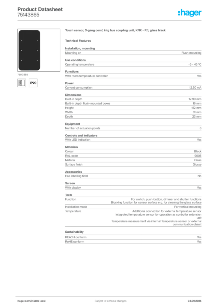 Image Hager Product data sheet 75143865  | Hager