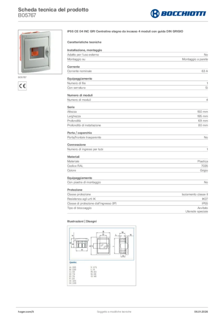 Immagine Bocchiotti Scheda tecnica del prodotto B05767 | Hager Italia