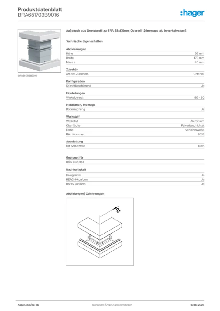 Bild Hager Produktdatenblatt BRA651703B9016 | Hager Schweiz