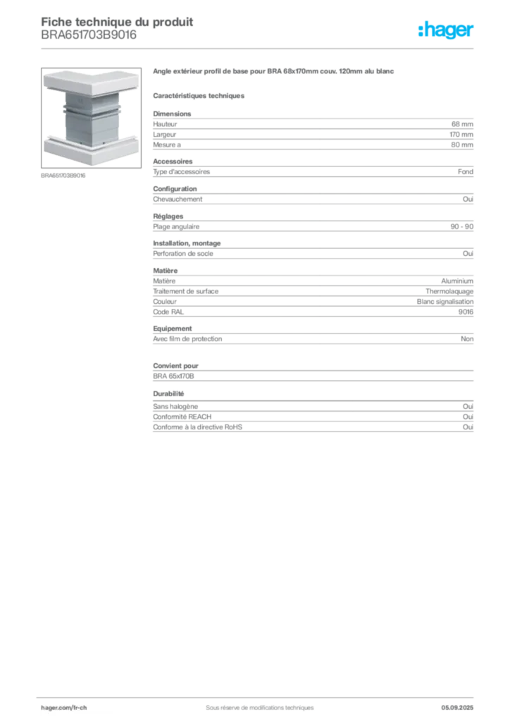 Image Hager Fiche technique du produit BRA651703B9016 | Hager Suisse