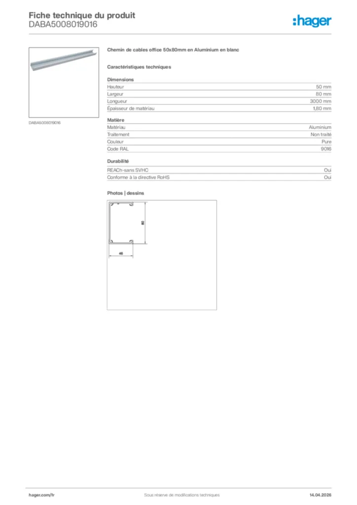 Image Hager Fiche technique du produit DABA5008019016 | Hager France