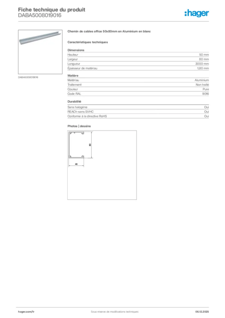 Image Hager Fiche technique du produit DABA5008019016 | Hager France