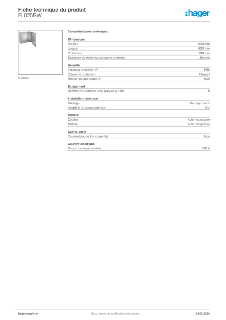 Image Hager Fiche technique du produit FL025BW | Hager Suisse