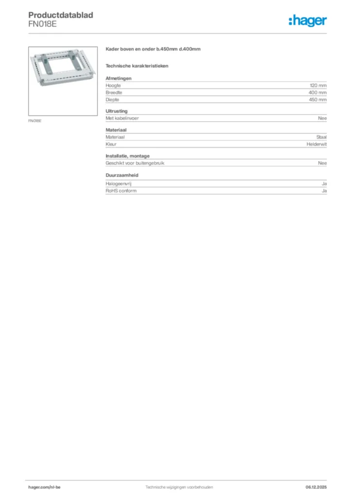Afbeelding Hager Productdatablad FN018E | Hager Belgium