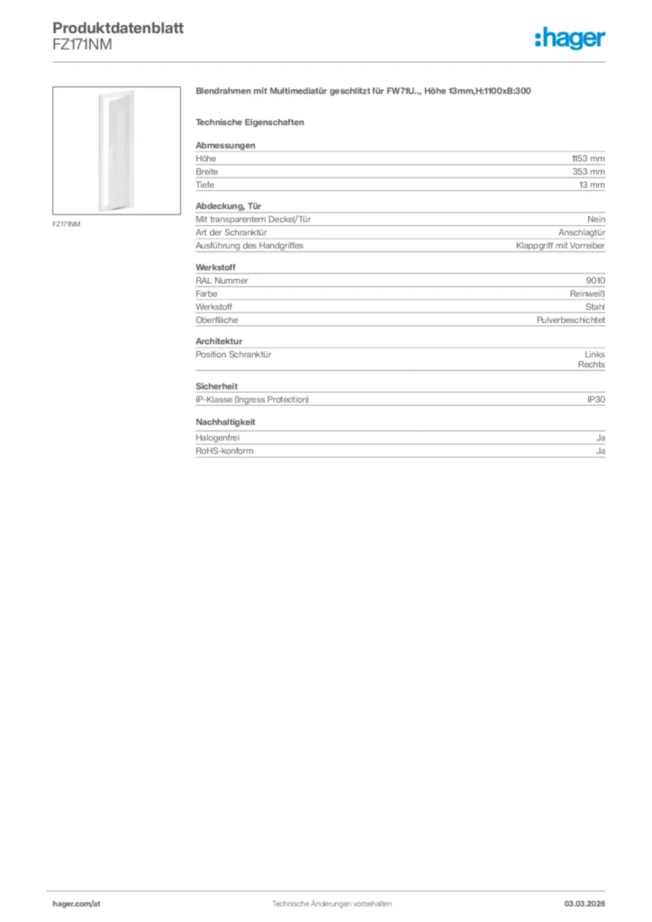 Bild Hager Produktdatenblatt FZ171NM | Hager Deutschland