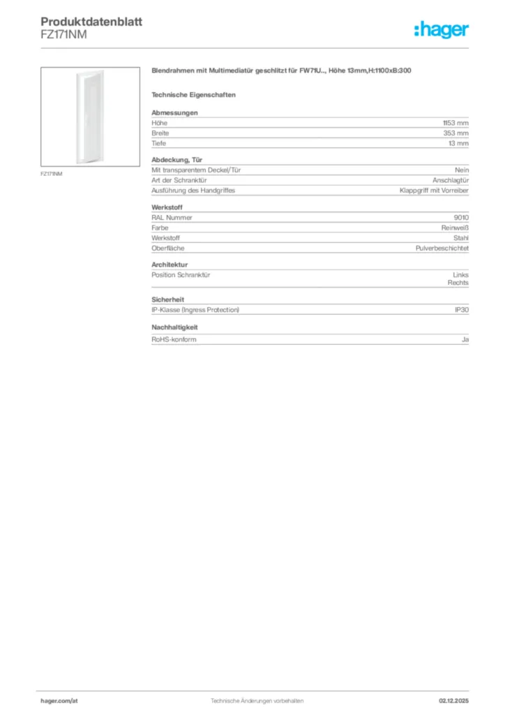 Bild Hager Produktdatenblatt FZ171NM | Hager Deutschland