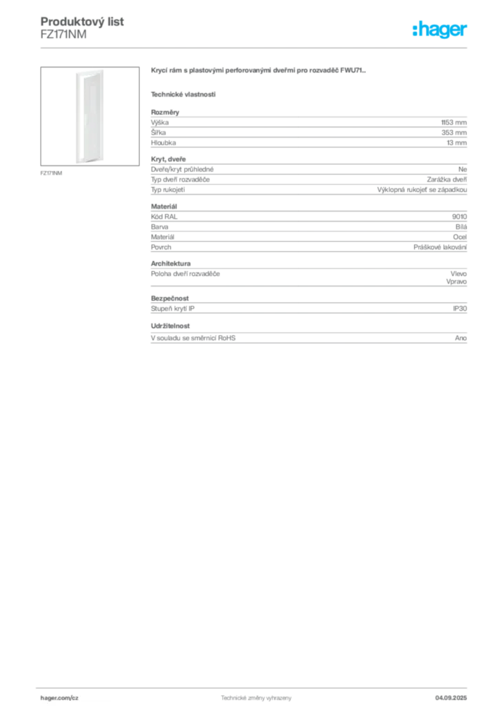 Obrázek Hager Produktový list FZ171NM | Hager