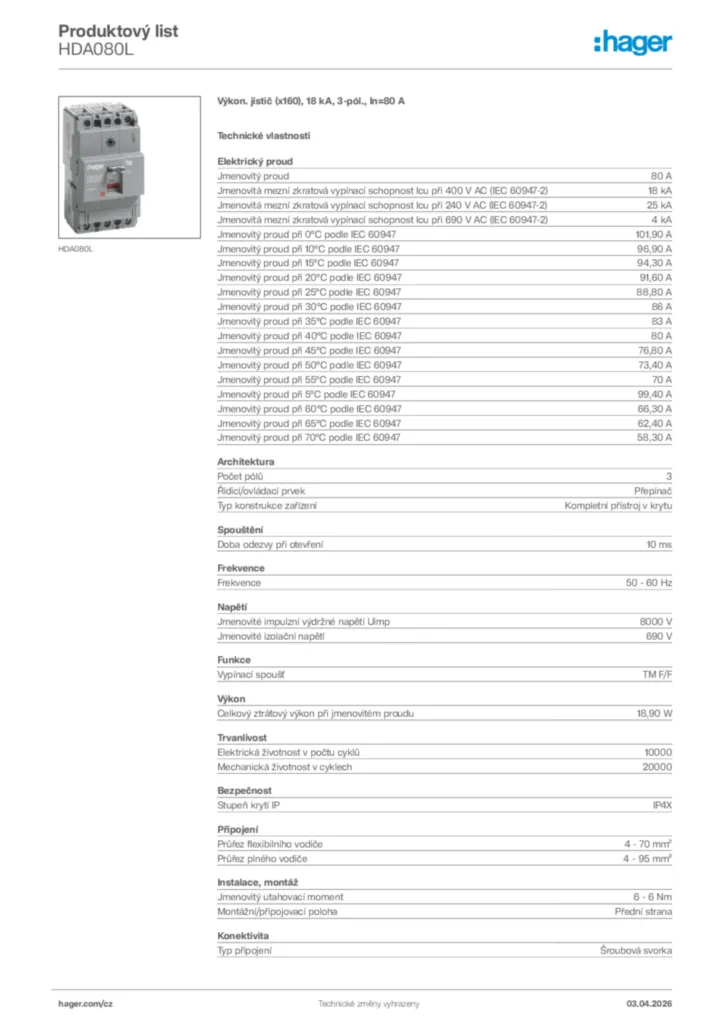 Obrázek Hager Product data sheet HDA080L | Hager