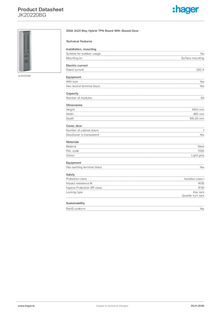 Image Hager Product data sheet JK20220BG  | Hager