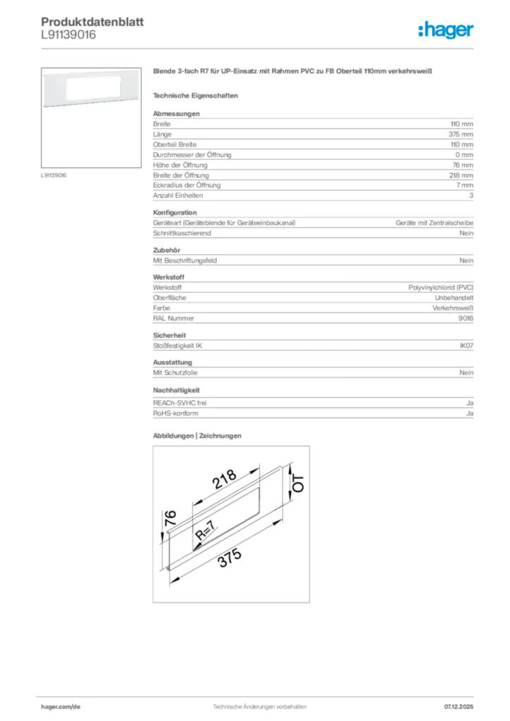 Hager Produktdatenblatt L91139016