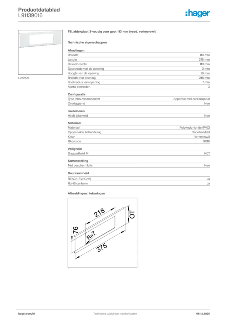 Afbeelding Hager Productdatablad L91139016 | Hager Nederland