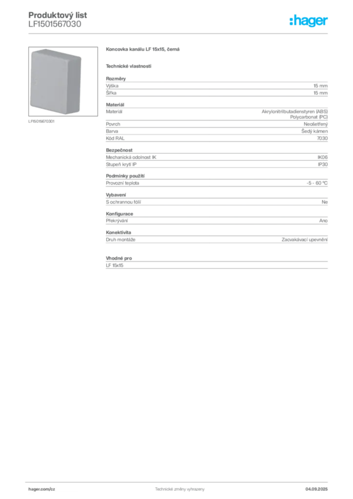 Obrázek Hager Produktový list LF1501567030 | Hager