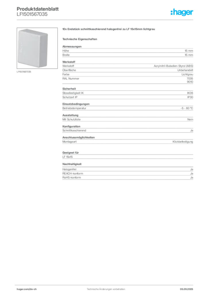 Bild Hager Produktdatenblatt LF1501567035 | Hager Schweiz