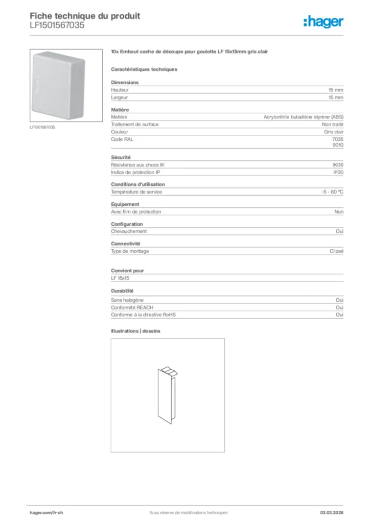 Image Hager Fiche technique du produit LF1501567035 | Hager Suisse