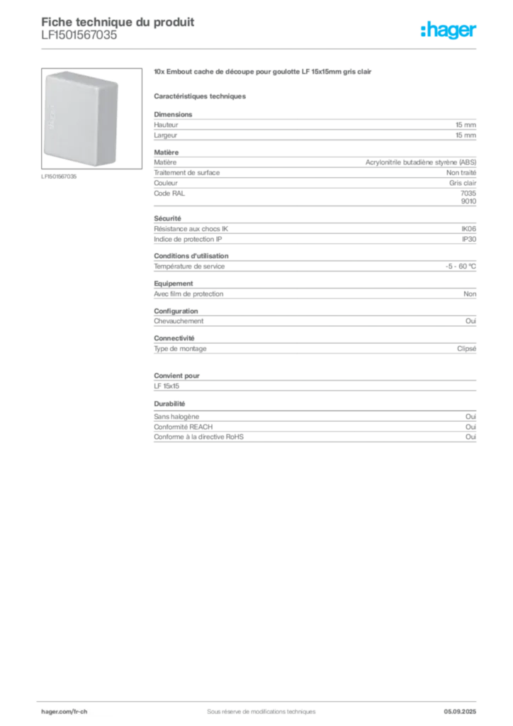 Image Hager Fiche technique du produit LF1501567035 | Hager Suisse