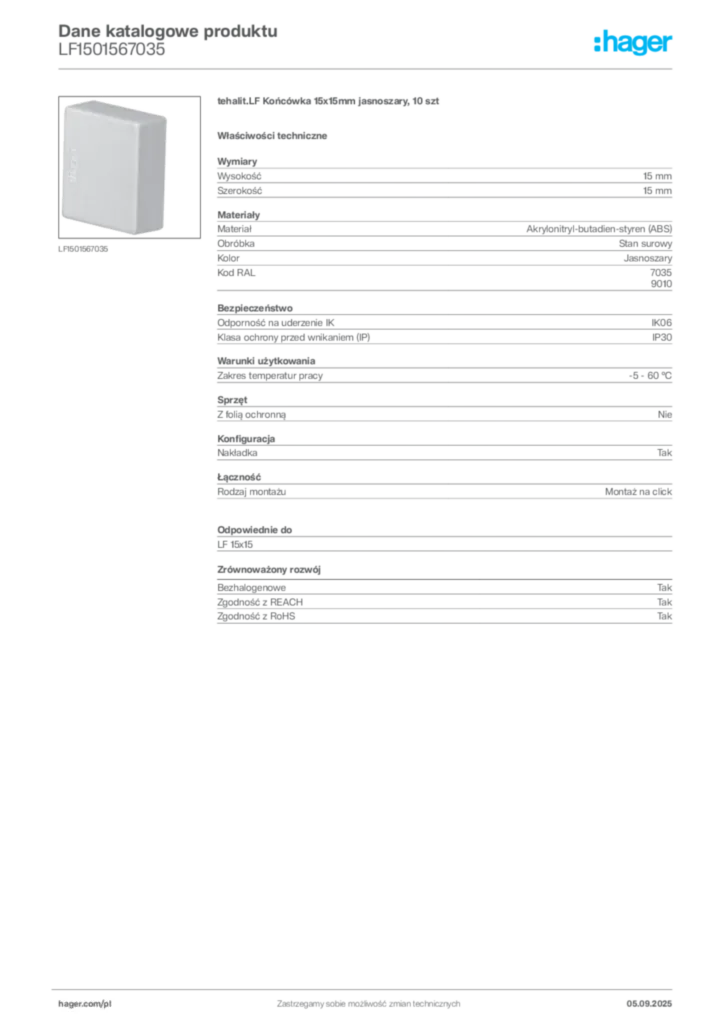 Zdjęcie Hager Dane katalogowe produktu LF1501567035 | Hager Polska