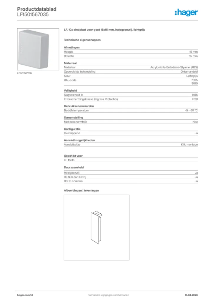 Afbeelding Hager Productdatablad LF1501567035 | Hager Nederland