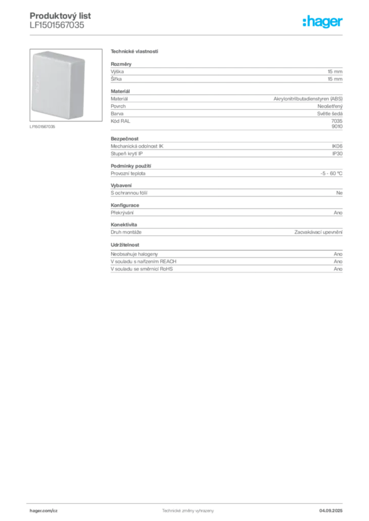 Obrázek Hager Produktový list LF1501567035 | Hager