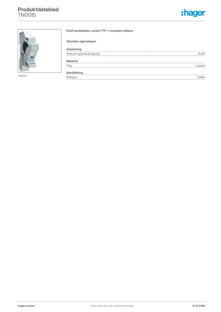 Bild Hager Produktdatablad TN001S | Hager Sverige