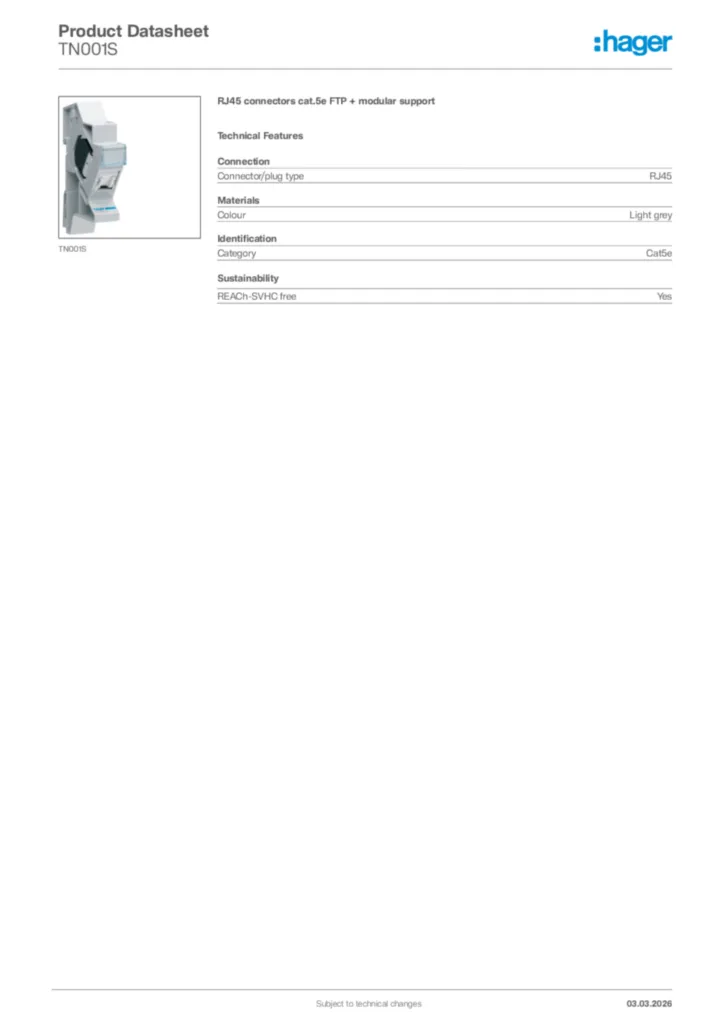 Image Hager Product data sheet TN001S  | Hager Africa