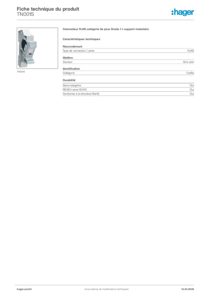 Image Hager Fiche technique du produit TN001S | Hager France